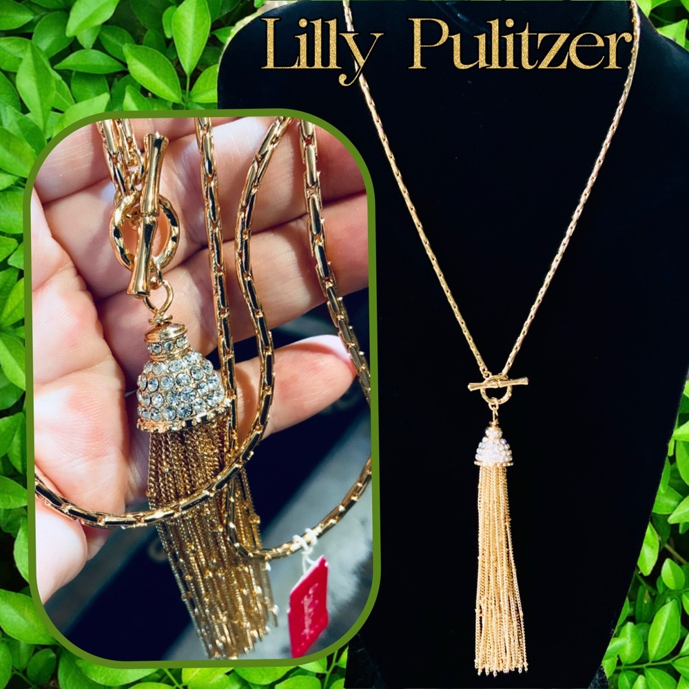 Lilly Pulitzer NECKLACE 🩷 GOLD CHAIN TASSEL CRYSTAL NECKLACE NWT “Fronds”TOGGLE